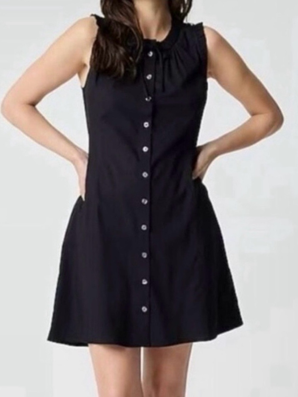 J.Crew Factory Ruffle Neck Tie Sleeveless Button-Front Black Mini Dress NWT 2